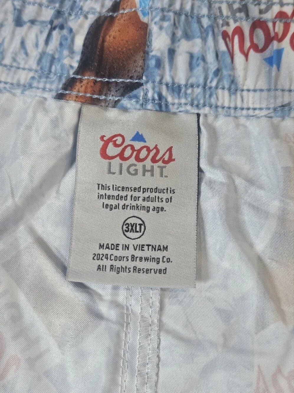 NWT Coors Light Swim Trunks Mens 3XLT Blue White Beer Bottle Print Festival Wear
